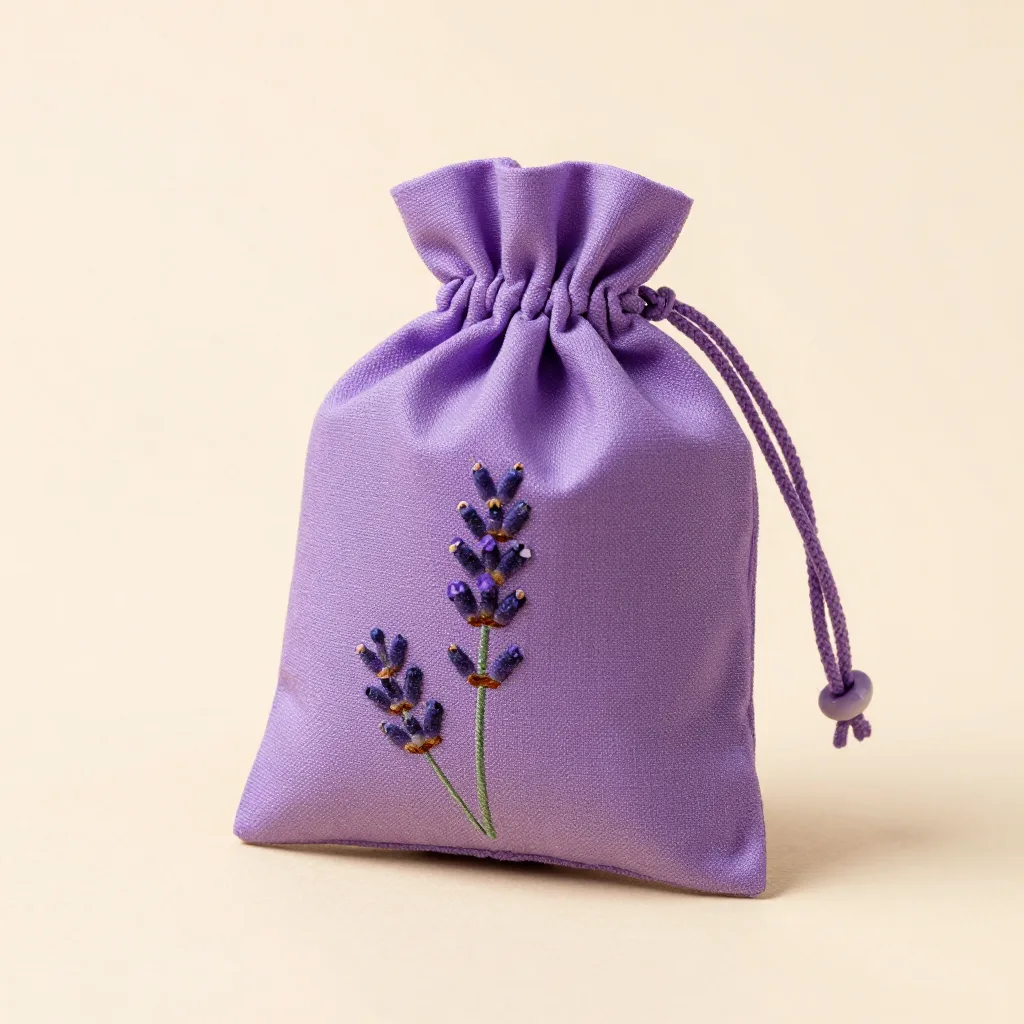 A small violet lavender sachet on a light background