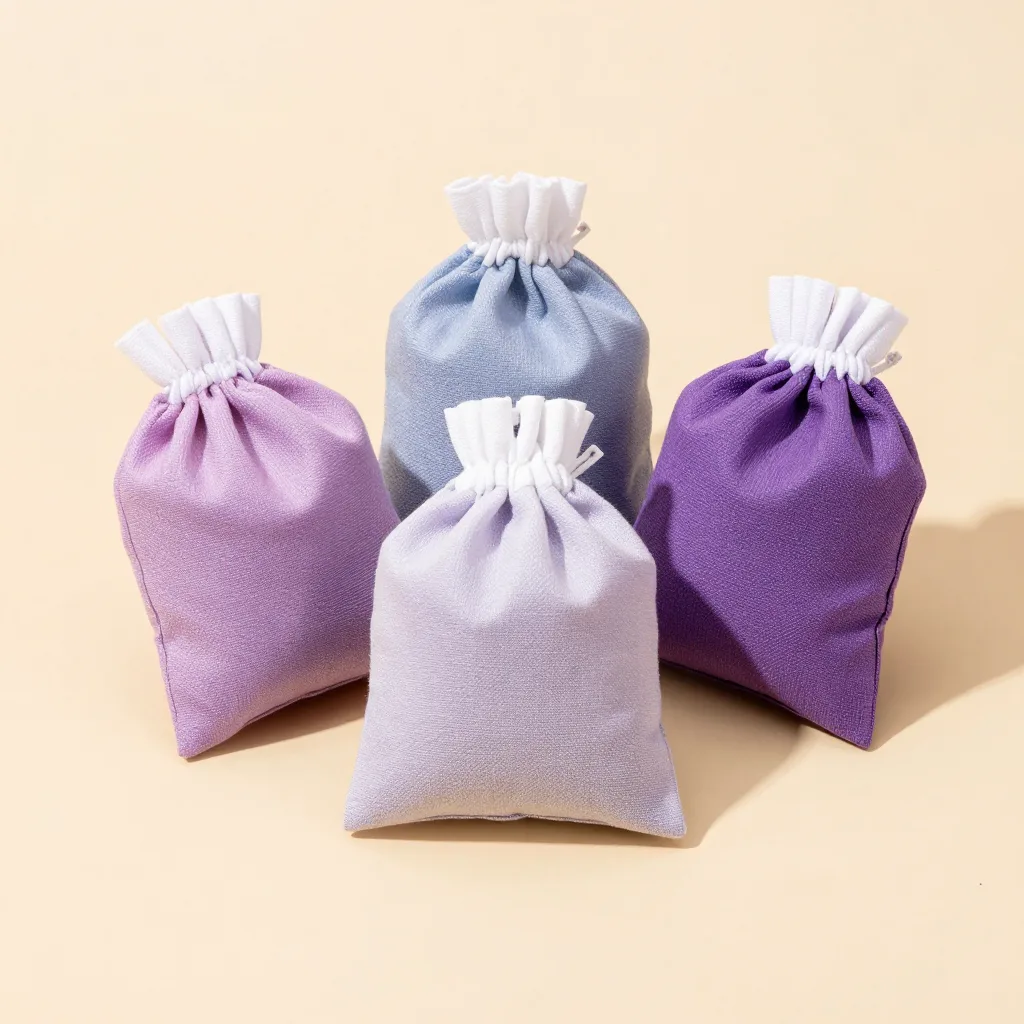 Three lavender sachets in different colours on a light background