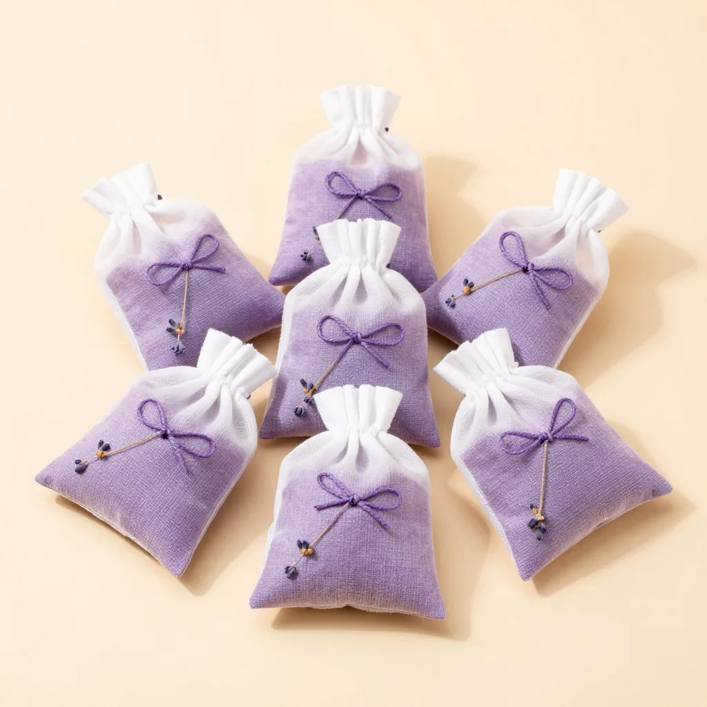 Six lavender sachets on a light background