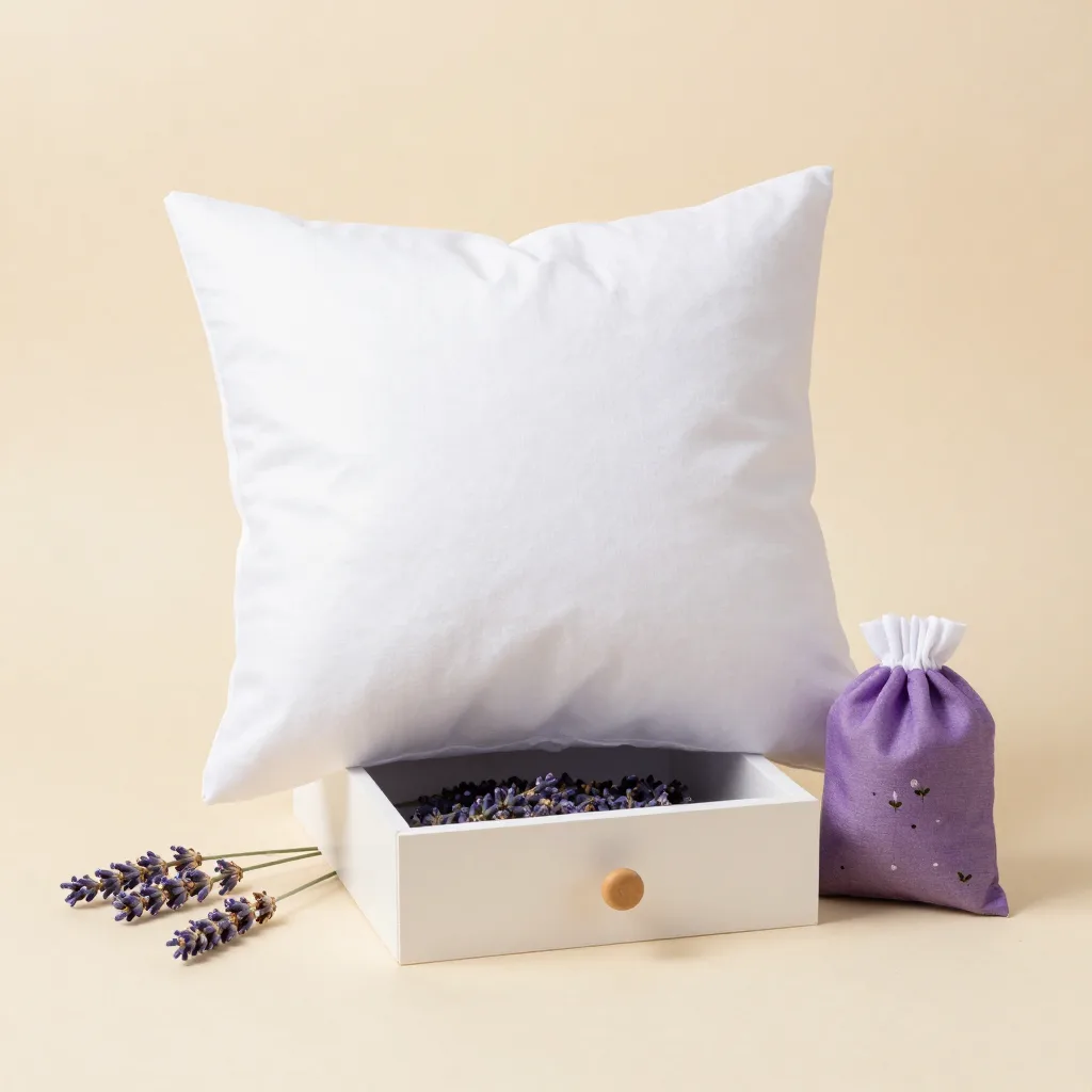 A pillow and drawer lavender sachet set on a light background