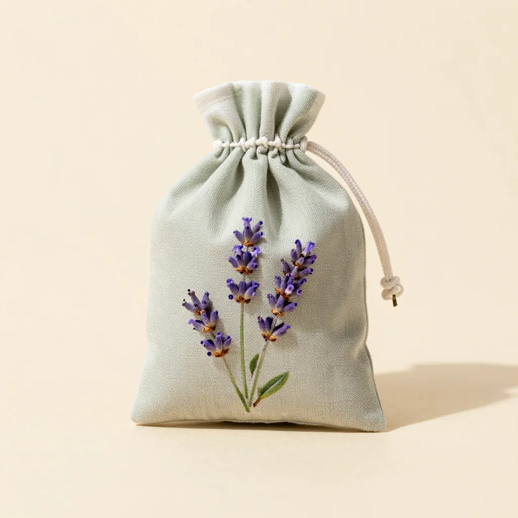 A small lavender sachet in sage on a light background