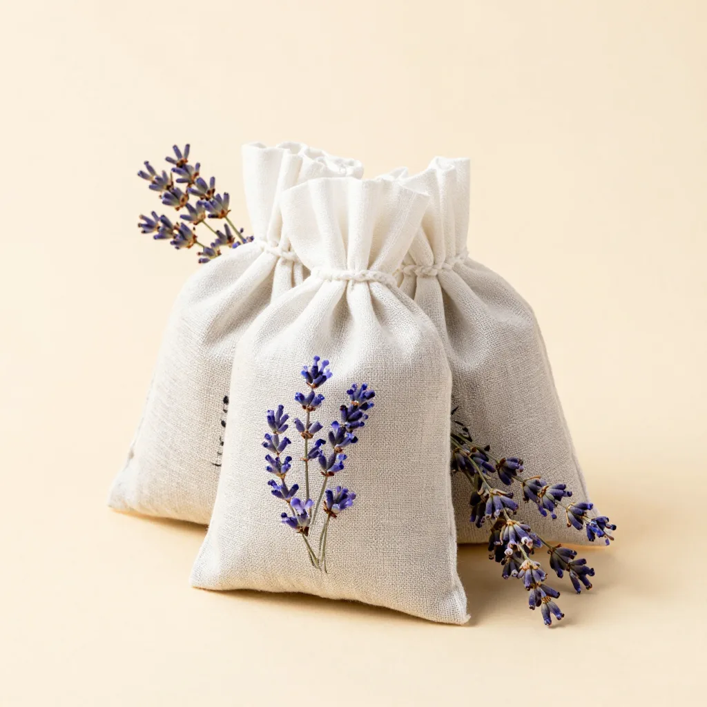 A Provence gift set of lavender sachets in a linen wrap on a light background